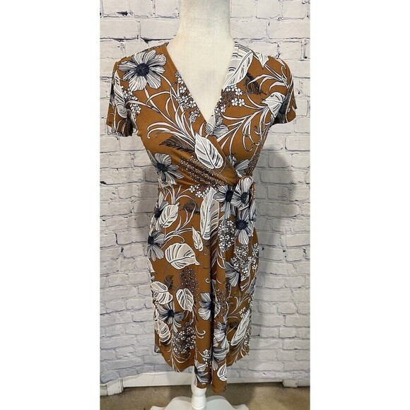 Robbie Bee Signature Petite Dress Caramel Brown, Blue & White Floral Women's PS - Picture 1 of 7